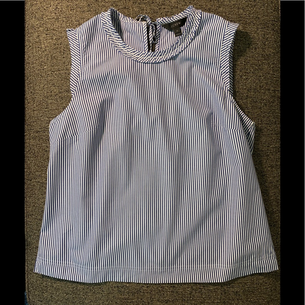 J. CREW Blue White Pinstripe Sleeveless Blouse with Ruffled Trim Size 10